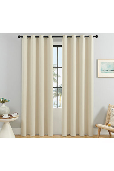 L&Wen Solid Blackout Curtains, 1 Panel Drapes Grommet Room Window Curtains (Beige W140 x H220 cm)