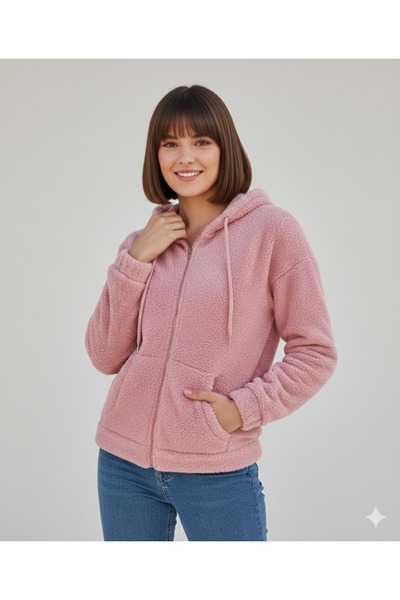 BW Bravely Wear Women's Zippered Kangaroo Pocket Hooded Plush Jacket Cardigan