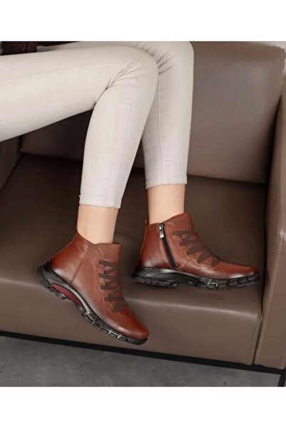 Yılmaz Exclusive Women's Genuine Leather Orthopedic Sole Supported Tan Boots