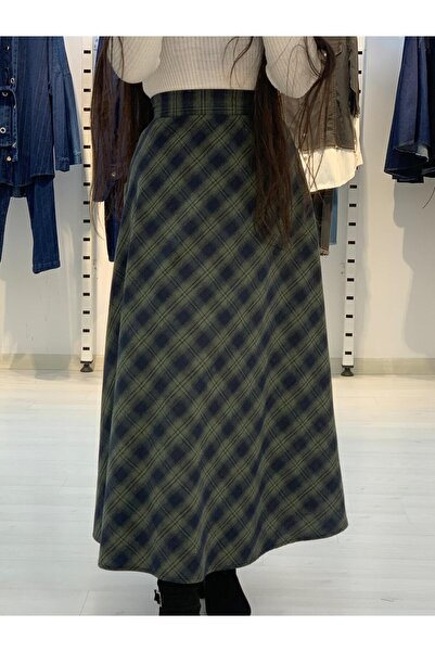 MODAMERSİ Women's Khaki Plaid Patterned Long Flared Skirt