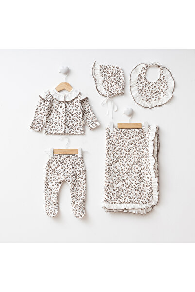 Eda Baby Leopar Desenli Fırfırlı Kendinden Eldivenli 5 Parça Yenidoğan Hastan...