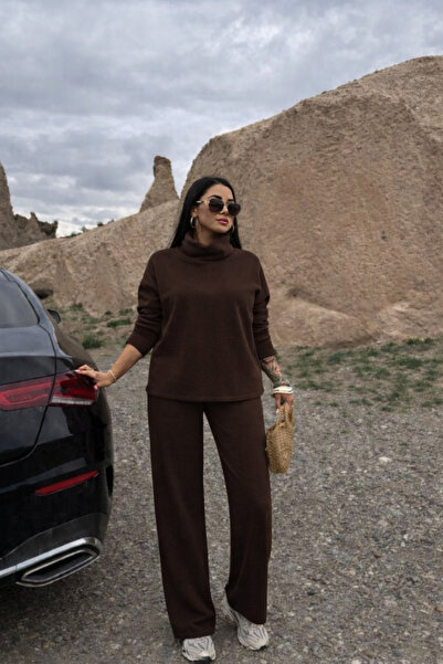 RAMİOR COLLECTION Women's Brown Knitwear Set High Neck Long Sleeve Top & Wide...