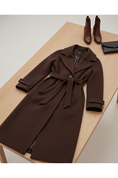 TRENDLİA Kadın Ceket Yaka Beli Kemerli Midi Boy Kaşe Kaban