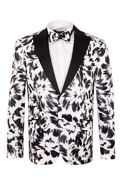 OSCAR BANKS Men's Black and White Patterned Slim Fit Tuxedo Jacket - Special ...