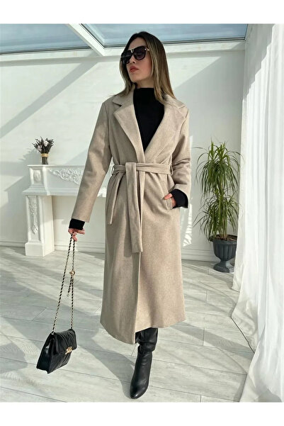 Reçel Kadın Bej Kuşaklı Astarlı Cepli Uzun Oversize Kaşe Kaban