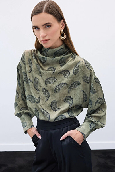 Sateen Degaje Collar Patterned Blouse - Khaki