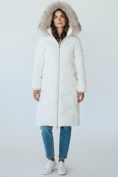 zhrcollection Cream Fur Hooded Inflatable Women's Coat – Fiber Filled Inside,...