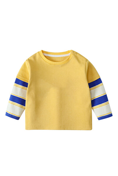 L&Wen Boys Long Sleeve Sweatshirt Striped Fake Two-Piece Crew Neck Top Yellow...