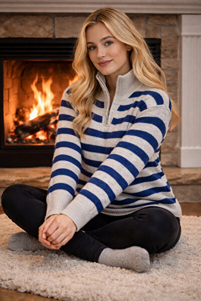 WE AND ME Women's Stand-Up Collar Zip-Up High-Neck Striped Knitwear Sweater