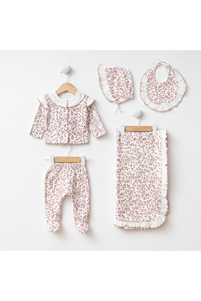 Eda Baby Leopar Desenli Fırfırlı Kendinden Eldivenli 5 Parça Yenidoğan Hastan...