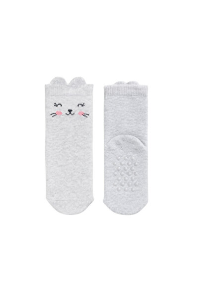 SOLDE SOCKS 2'li Aynı Model Kaydırmaz Tabanlı Gri Kedi Desenli Çorap Seti