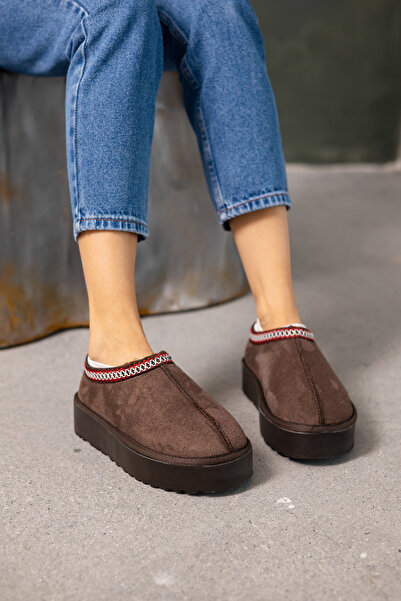 MYPOPPİSHOES Acı Kahve Süet İçi Kürklü Düz Taban Terlik Mira