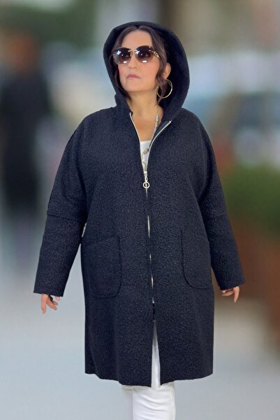 yagmurberen Hooded Bag Pocket with Zipper Large Size Curly Bouquet Coat