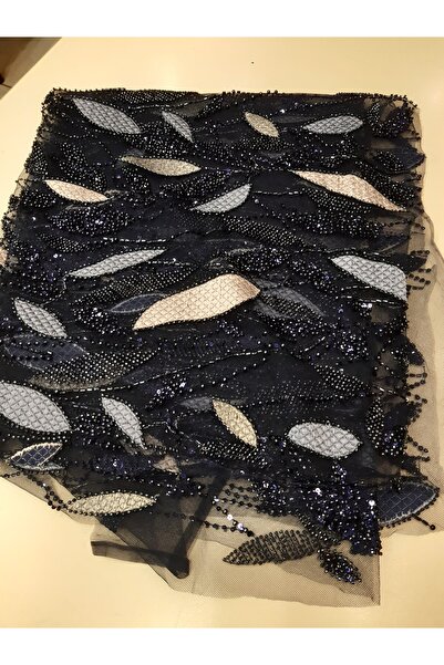 Safir Kumaş Abiyelik Top Sonu Kalmış Lacivert İşlemeli Dantel 90 cm