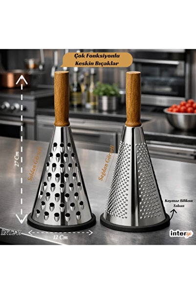 İnterlife مبشرة مخروطية للمطبخ مع مقبض، مصنوعة من الفولاذ المقاوم للصدأ، مبشرة يدوية للبطاطس والفواكه والجبن والخضروات