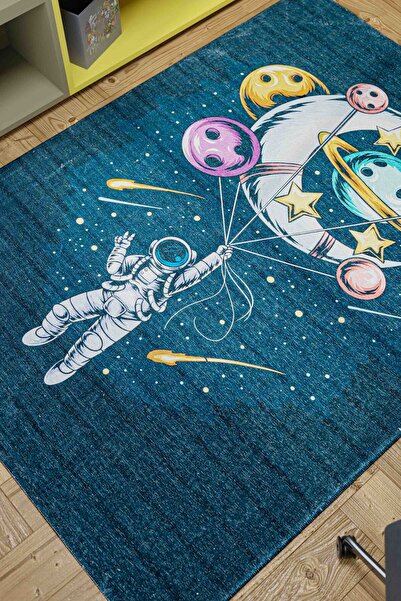 Oriente Home Uzay Desenli Lacivert Anti-bakteriyel Kaymaz Taban Şönil Çocuk H...