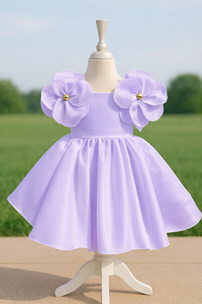 MUSGEM Özel Tasarım Lila Çiçek Detaylı Saten Kız Çocuk Abiye Elbise