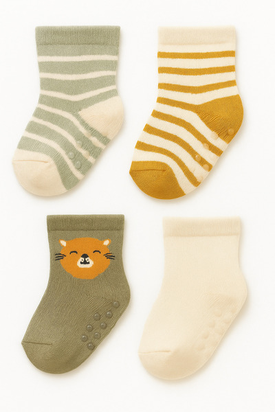 SOLDE SOCKS 4'lü Kaydırmaz Tabanlı Hayvan ve Çizgili Desenli Bebek Çorap Seti