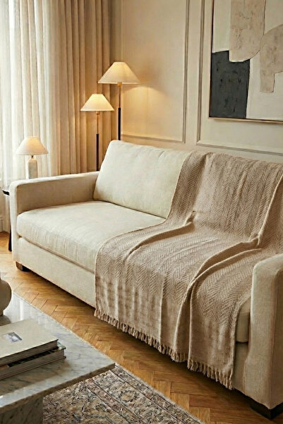 Beige Herringbone Patterned Cotton Sofa Cover & Sofa Shawl - TV Blanket (170x210 cm)