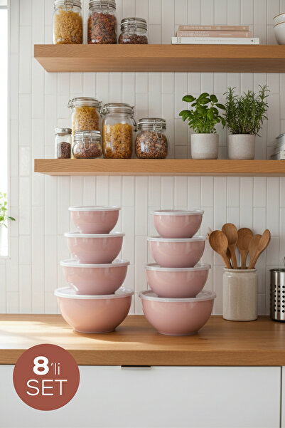 Vienev 8'li Yuvarlak Kase Seti Pembe | 1l, 1.5l, 2.3l, 3.3l | Kapaklı Çok Ama...