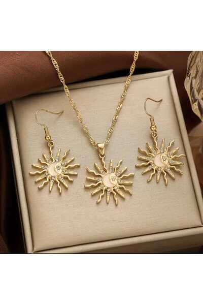 beyna aksesuar Gold Kaplama Kristal Taşlı Güneş Kolye Küpe Seti Hediye Set
