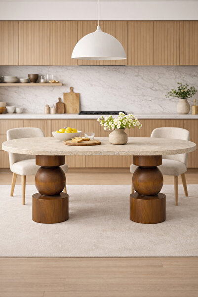 Trihome 80Modern Tasarım Traverten Üstlü Masif Ahşap Torna Ayaklı Yemek Masası 180x80cm