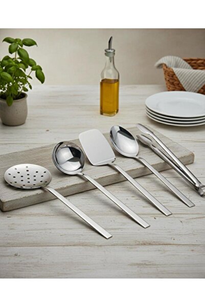 aktaş home 5 Parça Kepçe Kevgir Spatula Maşa ve Servis Kaşığı Seti Paslanmaz ...