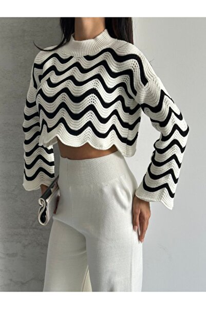 Knitoryx Women's Zigzag Patterned Knitwear Set Crop Sweater and Flared Pants Set