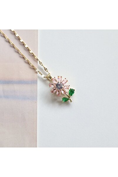 Mansura Stainless Steel Gold Zircon Stone Sparkling Pink Daisy Necklace