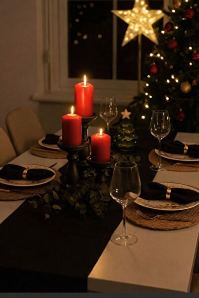 punch passion El Dikimi Masa Runnerı (40cm X 220cm) ve Peçete Seti (4 adet 30cm X 30cm)–Siyah-Sofra Dekorasyonu