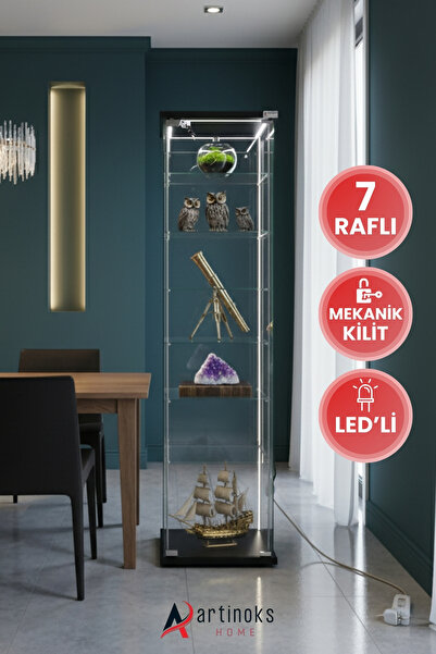 artinoks 7 Raflı Kilitli Ledli Cam Vitrin Dolap Gümüşlük Koleksiyon Sergi Kitaplık Kapaklı Büfe Mutfak Raflı
