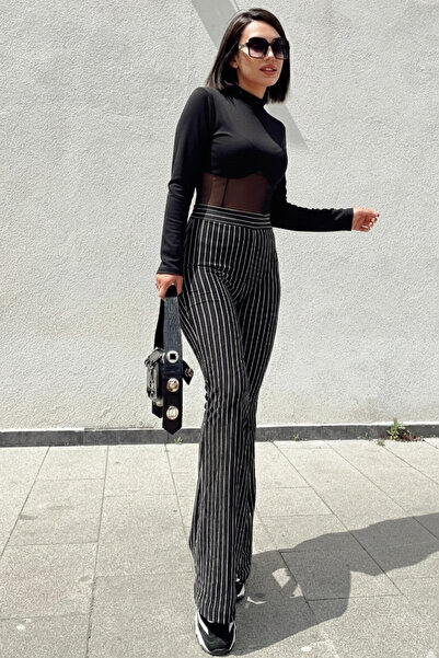 KaSheHa Çizgili İspanyol Paça Pantolonlu Dik Yaka Transparan Altlı Crop Bluz ...