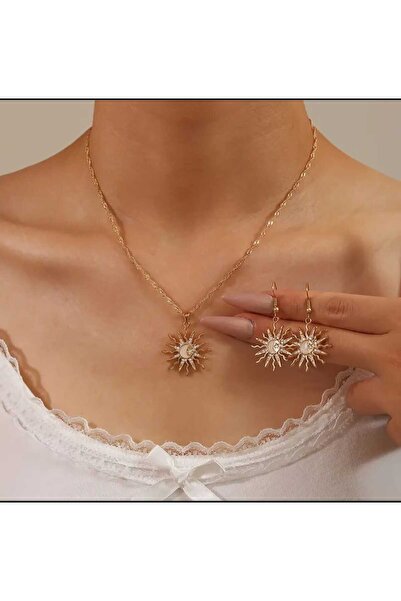 beyna aksesuar Gold Kaplama Kristal Taşlı Güneş Kolye Küpe Seti Hediye Set