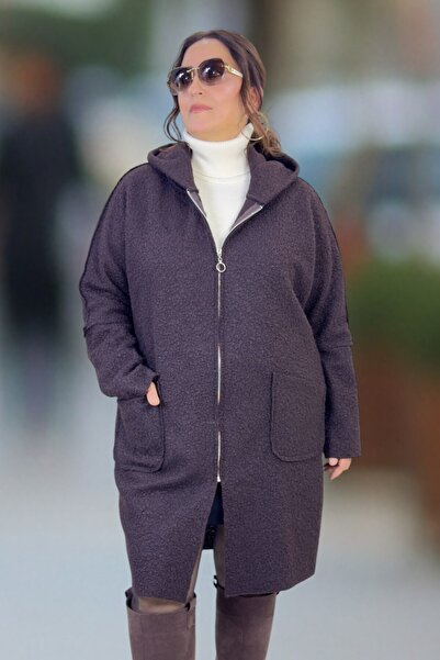 yagmurberen Hooded Bag Pocket with Zipper Large Size Curly Bouquet Coat