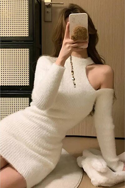 DİLARA GİYİM Tek Omuz Dekolteli Angora Kumaş Triko Elbise