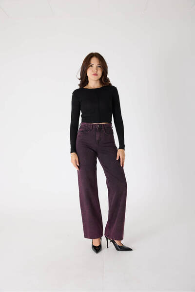 cracpot Women's High Waist Cotton Claret Red Wide Leg Jean Trousers