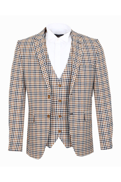 OSCAR BANKS Camel - Black-White Plaid Patterned, Premium Vest Set Jacket (Mon...