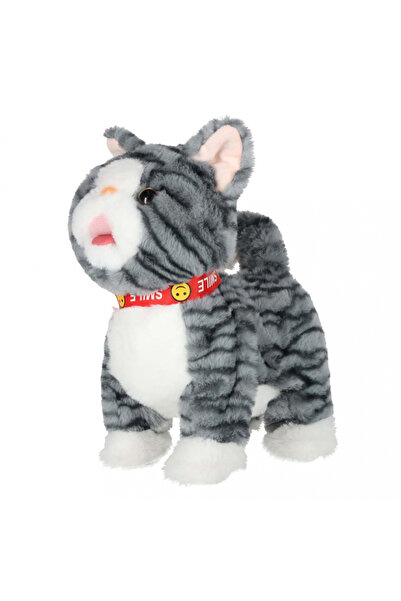 Ikonka Interactive plush kitten for children, gray, with leash, meows, wags its tail, walks, size