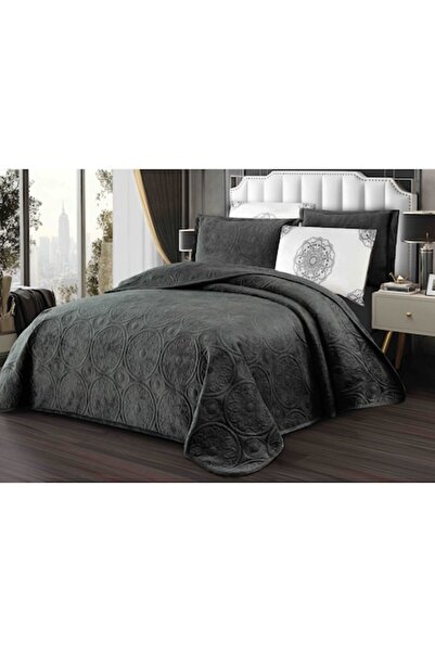 MHR Set cuvertură de catifea 5 piese, model relief circular 220x240 cm, 4 fețe de pernă 50x70 cm, gri închis