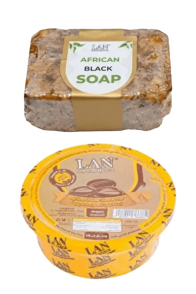 LAN ORGANICS زبدة الشيا الصفراء الأفريقية 200 مل & صابون أسود أفريقي 120 جرام