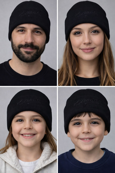 Sibel Günay Butik Black Ataturk Signature Embroidered Black Double Layer Knitwear Beanie |   Unisex Children & Adults