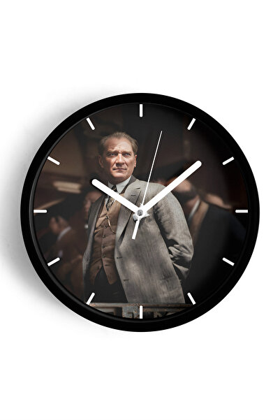 JHAAR Ataturk Themed Decorative Modern Wall Clock - 35cm - Black Case with Gl...
