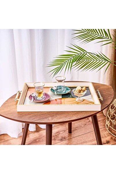 Evidea Kitchen Yuvarlak Desenli Ahşap Dikdörtgen Tepsi - Turuncu / Krem - 43 cm