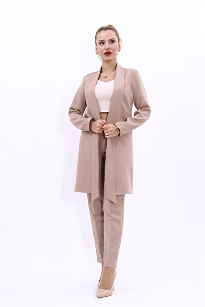 ÖNDER ÖZSOY Shawl Collar Long Coat & Slim Leg Pants Hijab Women's Suit-Stone