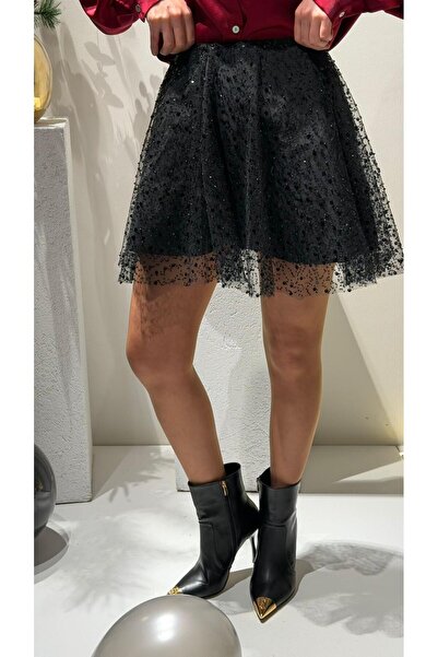 Şulenin Butiği TASARIM PUL PAYET İNCİ DETAYLI MİNİ TÜL ETEK