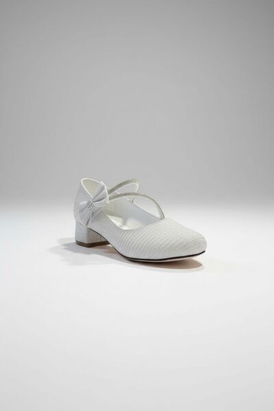 Adım Dünyası Girl's White Glitter Bow Short Block Heel Evening Dress Shoes – Special Occasion & Wedding Model