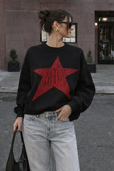 Hola Lady Kırmızı Yıldızlı Oversize Kazak HL99