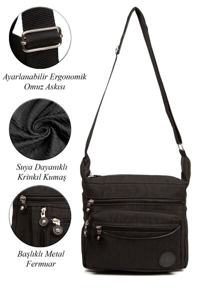Honorius Women's Black Crinkle Fabric Medium Size Cross Shoulder Bag