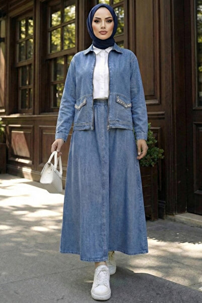 Hb Harma Time Butik Women's Stone Embroidered Denim Blue Jacket and Elastic W...