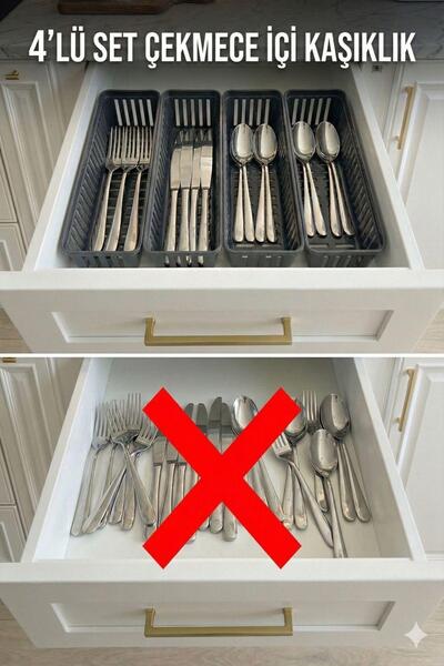 Lilya Home 4'lü Modüler Kaşıklık Seti - Mutfak Düzenleyici Çekmece İçi Organizer Bıçaklık Kepçelik Antrasit